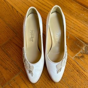 White satin wedding pumps with beaded detailing